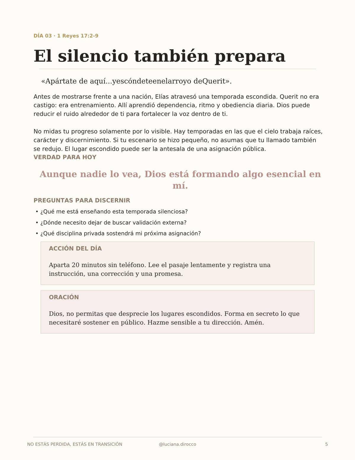 Spanish religious devotional page with title El silencio también prepara, containing scripture, reflection questions, daily action, and prayer sections