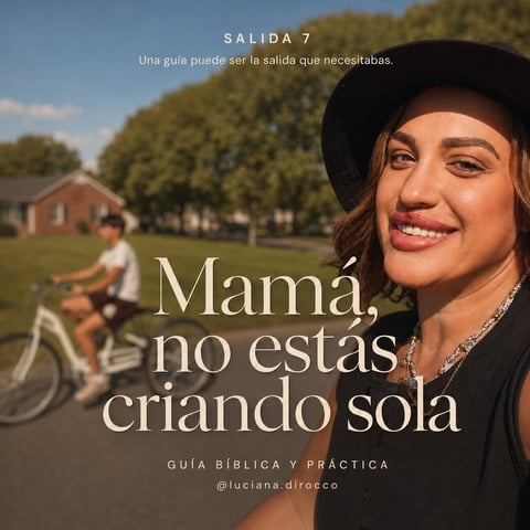 Woman in black hat smiling at camera with suburban park scene and cyclist in background, Spanish text overlay about motherhood