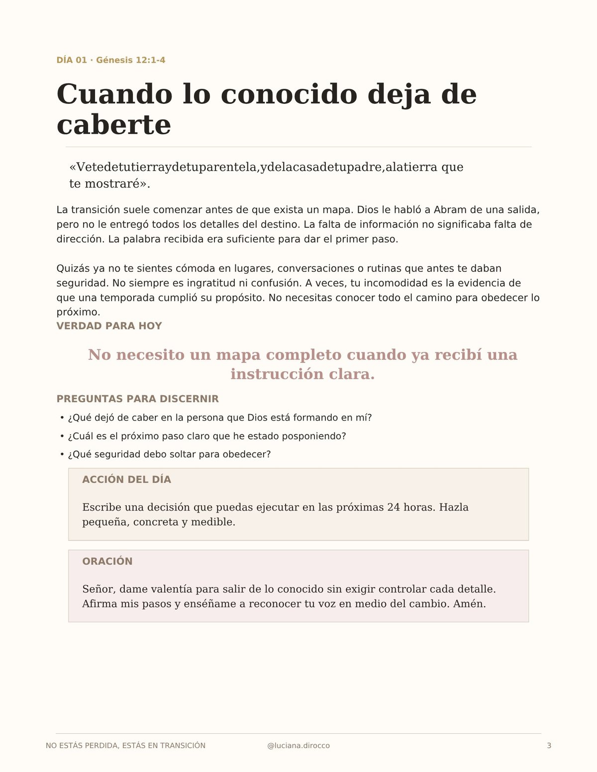 Spanish religious devotional page titled Cuando lo conocido deja de caberte with daily reflection questions and prayer sections