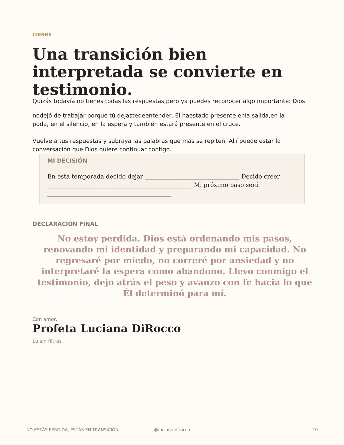 Spanish religious page with title about interpreting transition, featuring testimony section and declaration by Prophetess Luciana DiRocco