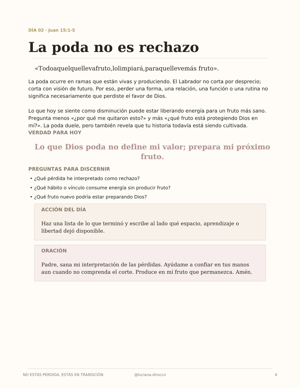Spanish religious devotional page titled La poda no es rechazo with text, reflection questions, and prayer section