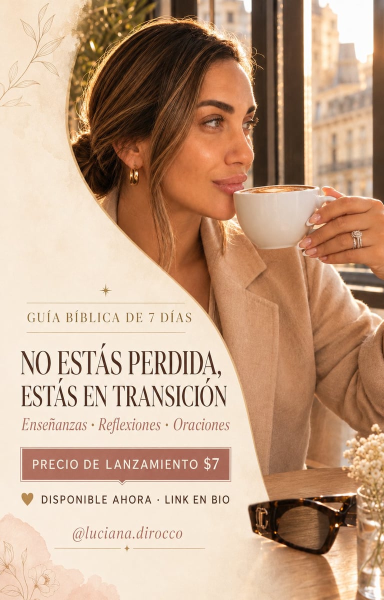 Woman in beige shirt holding white mug by window with cityscape, promotional image for 7-day biblical guide priced at $7