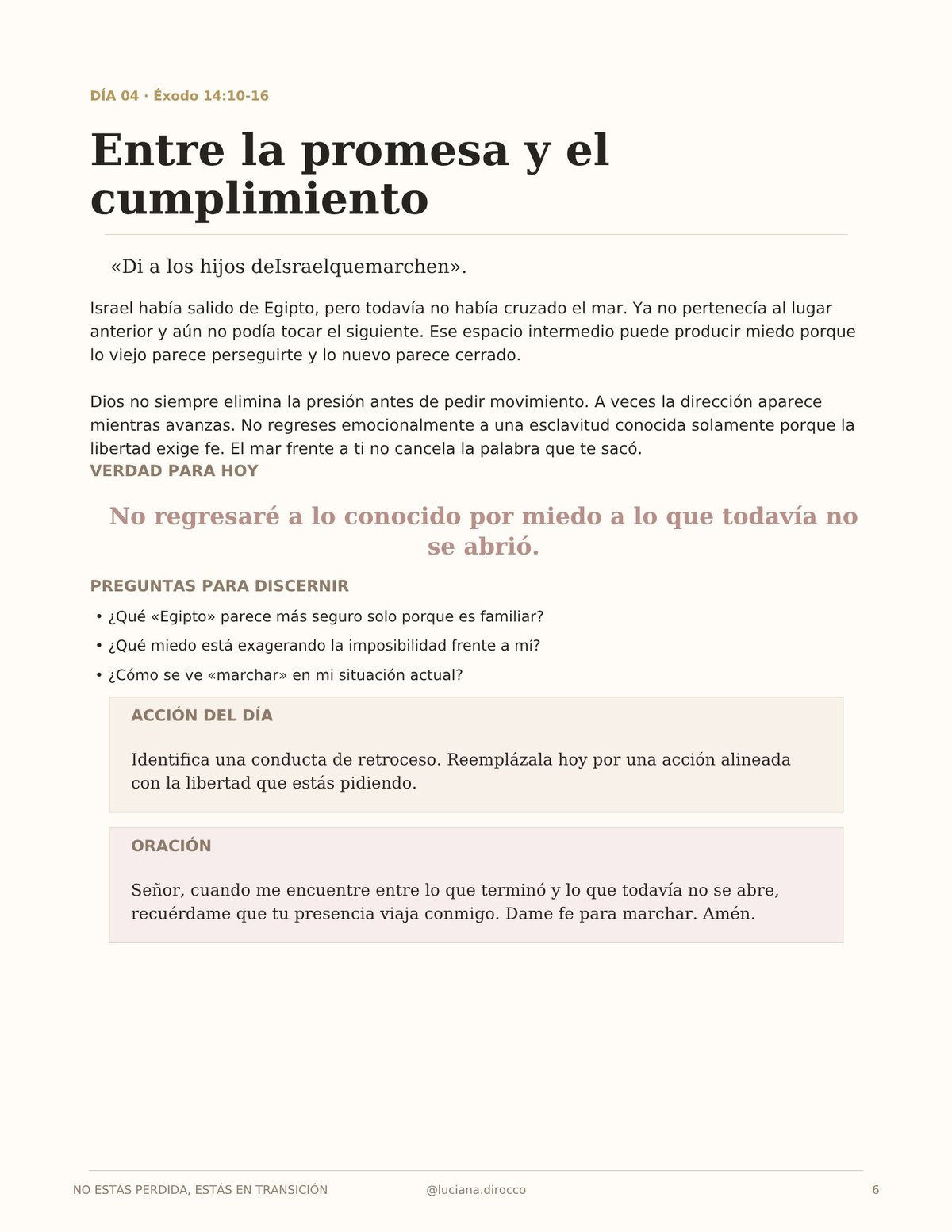 Spanish religious devotional page with title Entre la promesa y el cumplimiento featuring biblical text, discussion questions, and prayer section
