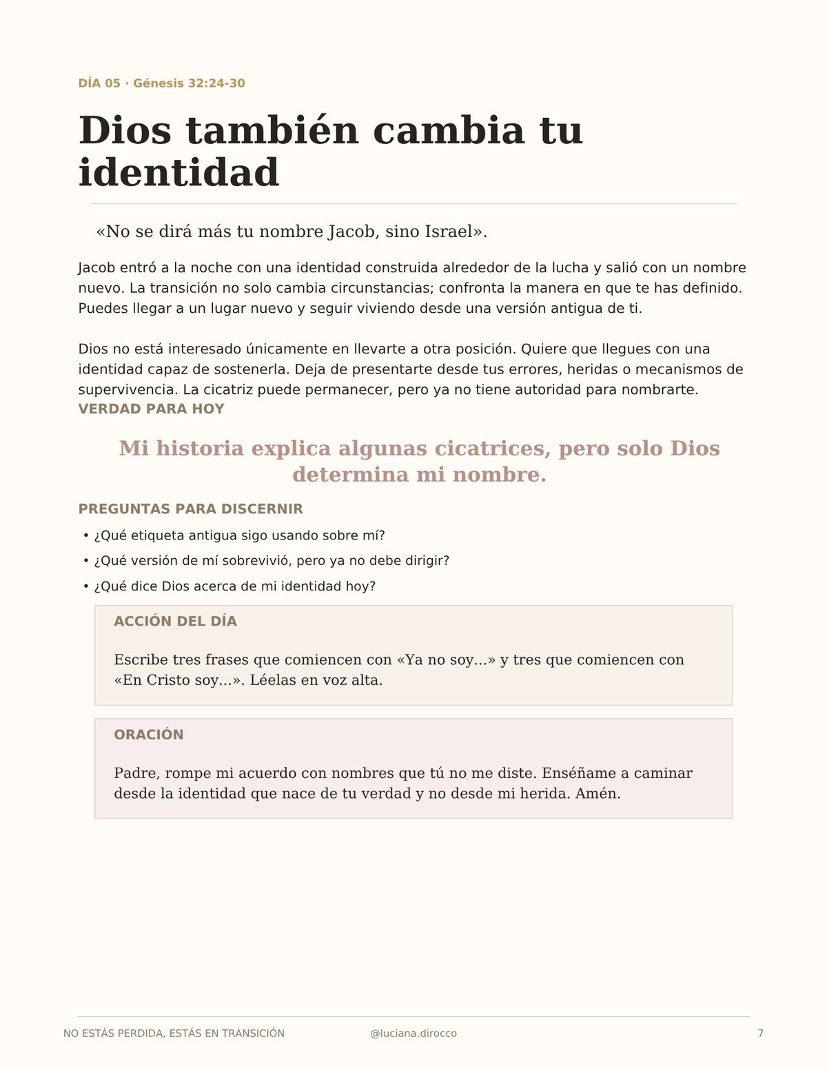 Spanish religious text page with heading God Also Changes Your Identity and devotional content about biblical identity and transformation