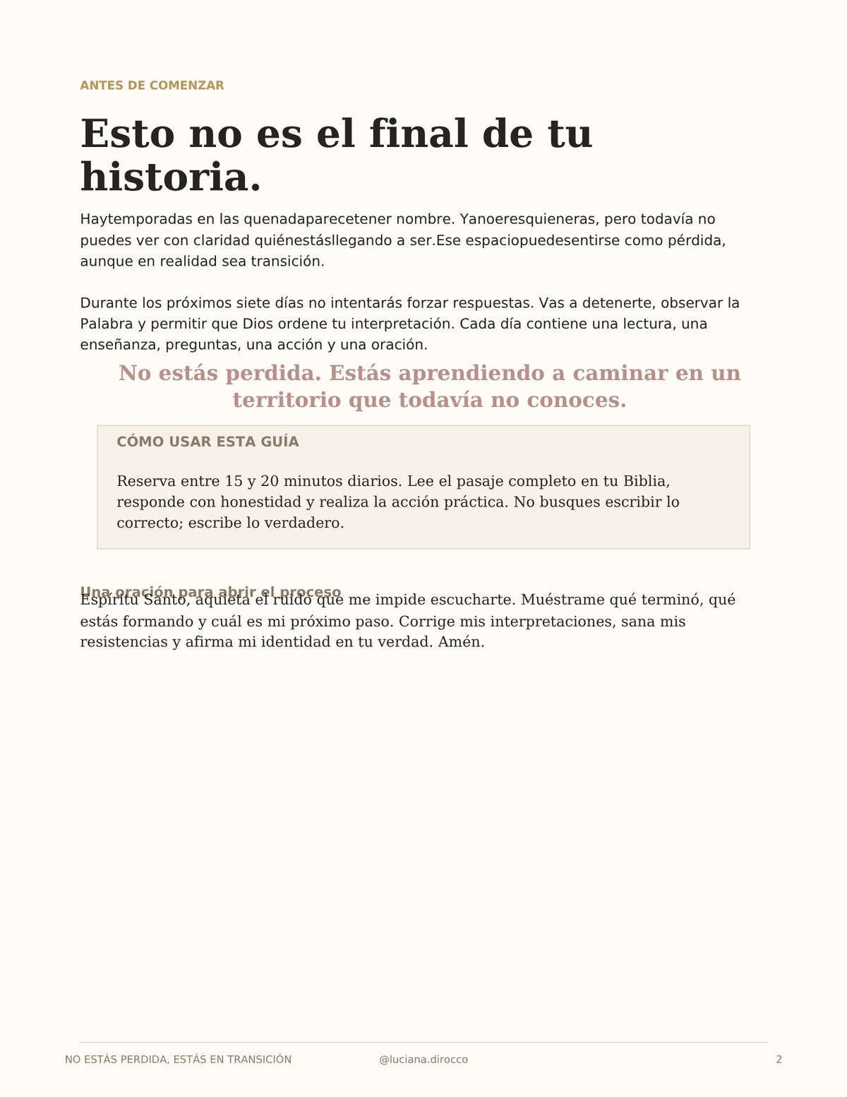 Spanish religious devotional guide page with title Esto no es el final de tu historia