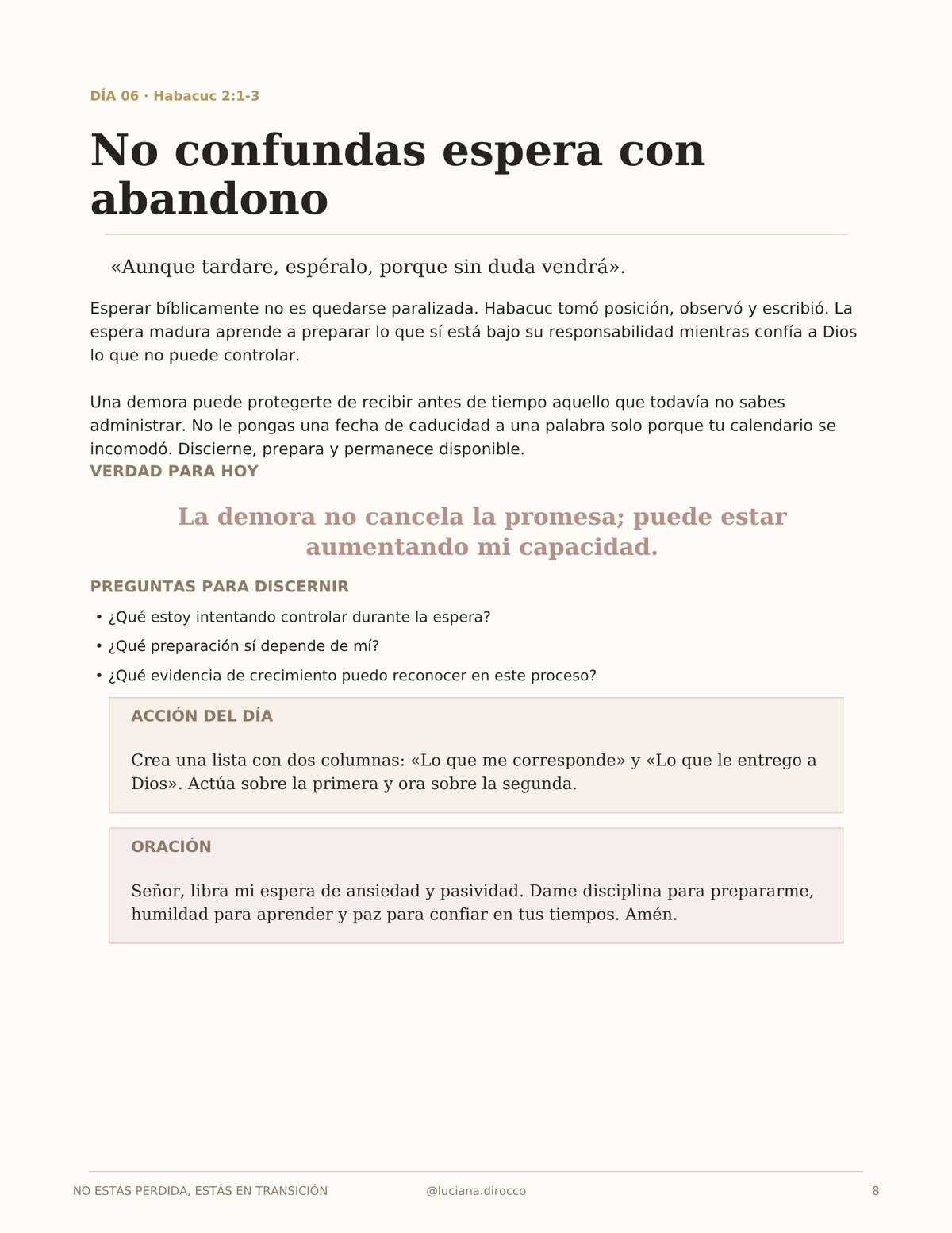 Spanish Bible study page about hope and not abandoning God, with scripture, reflection questions and prayer section