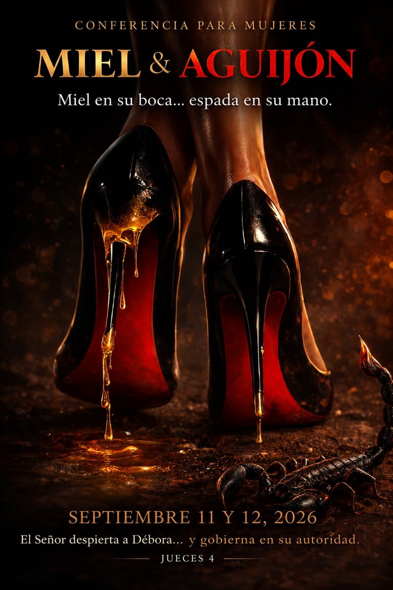 Conference poster for women featuring red-soled heels with honey dripping, Spanish text about honey and sword, event dates September 11-12, 2026
