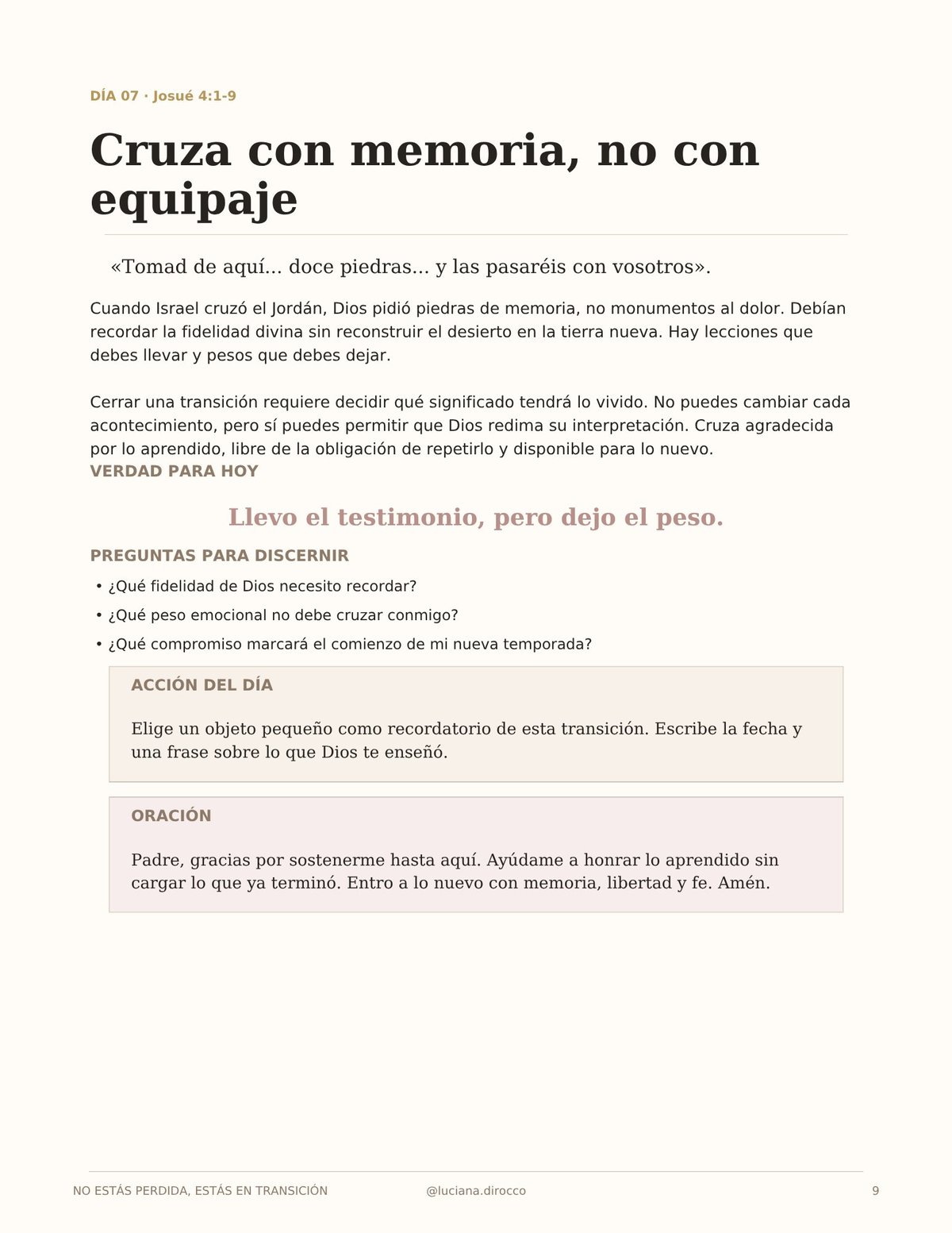 Spanish religious study page about crossing the Jordan with Gods memory, featuring scripture reference, discussion questions, daily action, and prayer section.