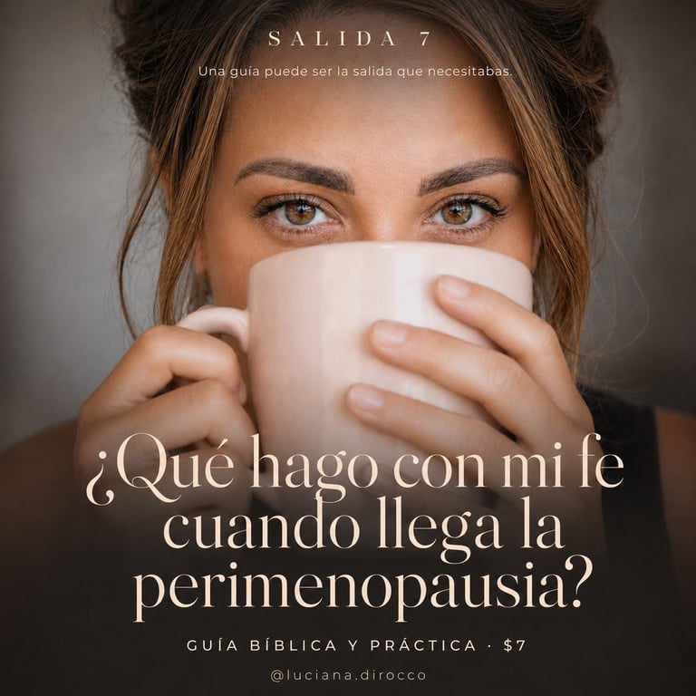 Woman holding white mug with text about perimenopause in Spanish, titled Salida 7